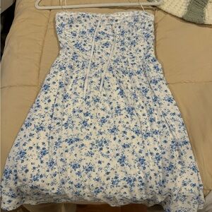 Aeropostale White Tube Top Dress with Blue Floral Print and Bow Detail